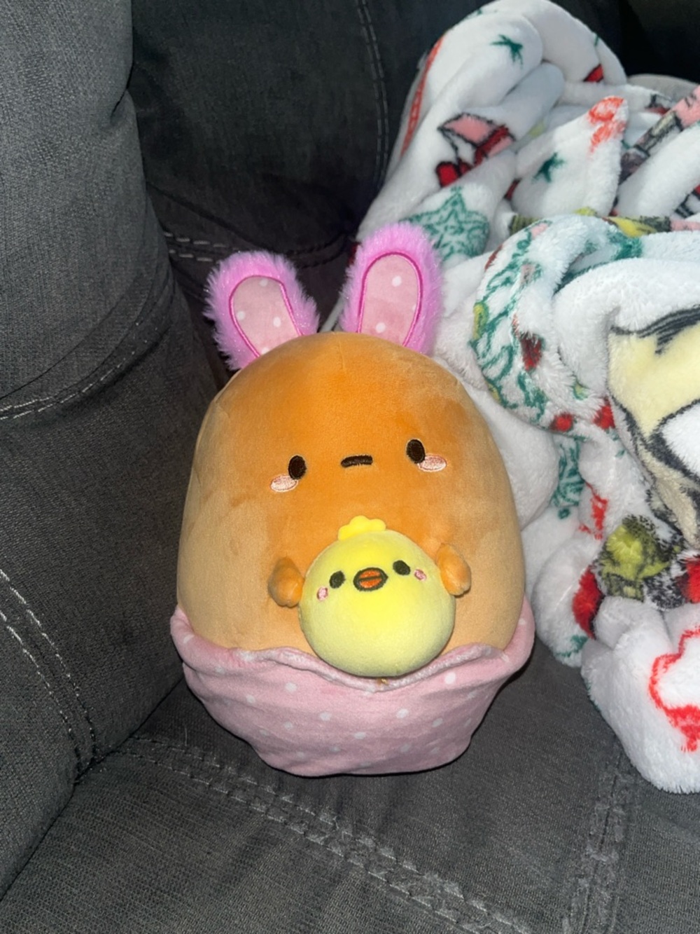 Cute Orange Bunny Plush Holding Yellow Chick - Pink Polka Dot Base